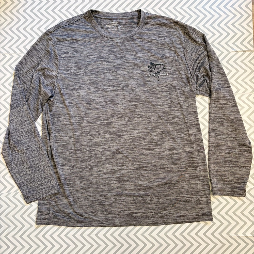 Vineyard Vines Performance Polyester Gray Long Sleeve Tee Fish Size L Large